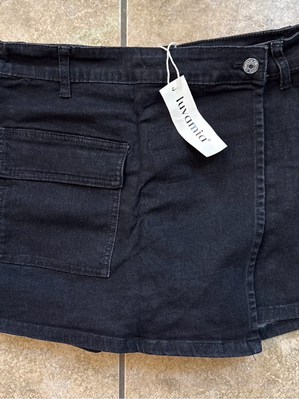Luvamia Denim Skorts Cargo Faux Wrap Jean Washed Black New FAST SHIPPING